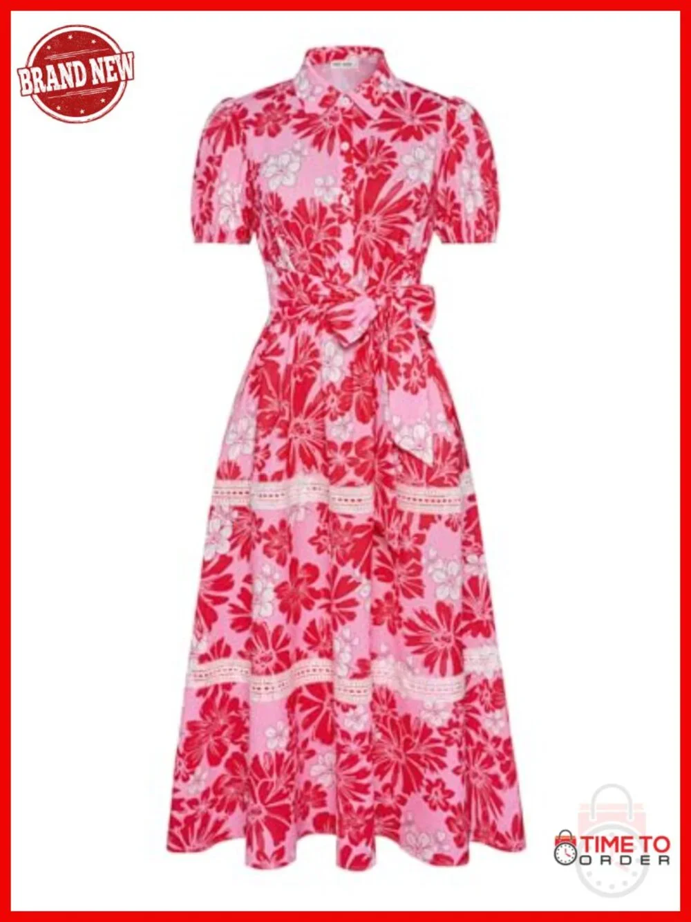 Boho Floral Maxi Dress with Pockets Tie Belt Short Puff Sleeve